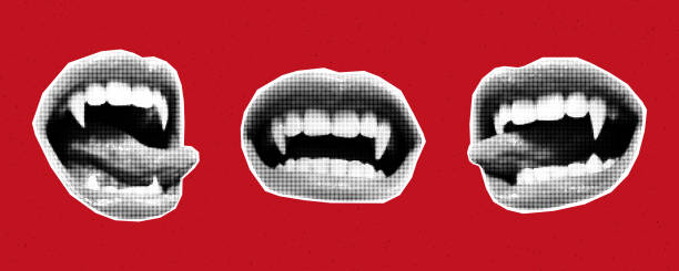istock Vampire mouths with different emotions cut out of paper, halftone collage 2180082848
