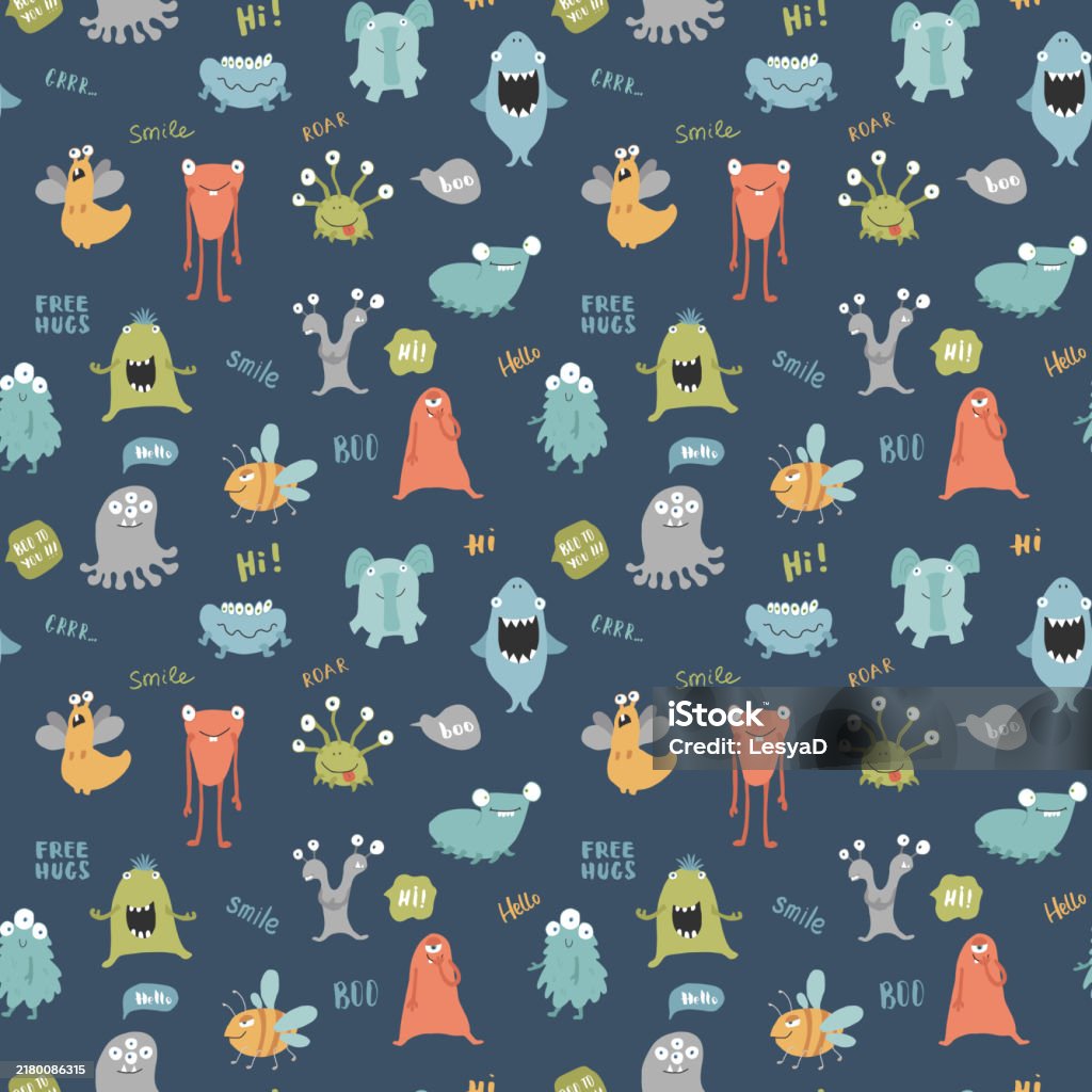 Monster Background Vector Cute Monsters Seamless Pattern Cartoon Monsters Background Vector ...