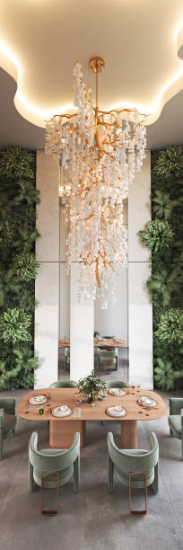 istock Stylish and Elegant Dining Room Enhanced by a Stunning Chandelier and Lush Greenery, 3d rendering 2180091336