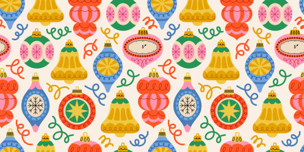 Seamless festive pattern with Christmas ornaments, bells, and decorative swirls. New year joys, with traditional shapes: baubles, bells, and stars. Retro print for fabric, wrapping paper or cards.