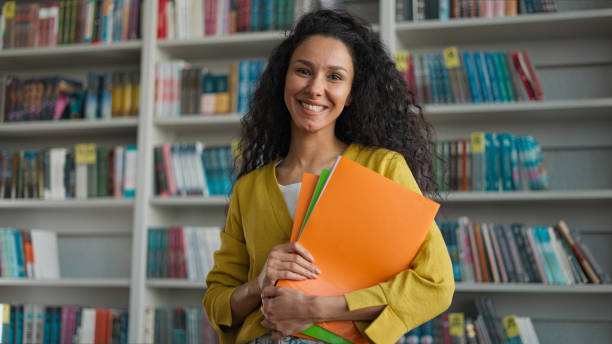 Latino Arabian woman female student learn calling inviting hand gesture study educate high school university welcome come on join community bookstore team club discussion library academy girl college