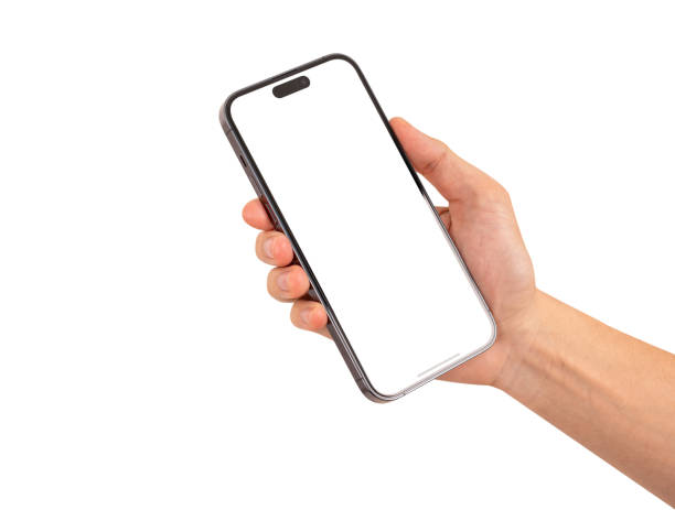 istock Hand holding smartphone with blank screen isolated on white background. 2180113866