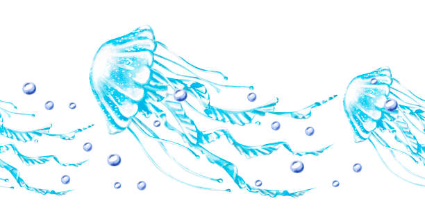 istock Seamless border with jellyfish and bubbles. Isolated illustration on the theme of the underwater world for textile design, marine-themed holidays, printing, restaurants 2180121384