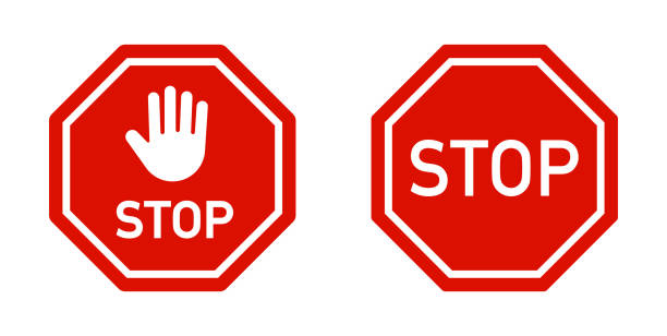 rotes stop-schild-symbolset. schild mit hand und stoppschild. warnschild, achtung, verbot, gefahr, alarm, straßenschild - stockvektor. - stoppschild stock-grafiken, -clipart, -cartoons und -symbole