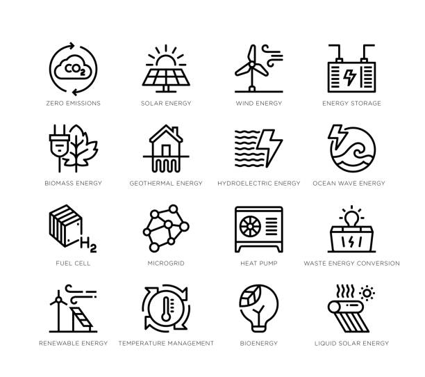 ikonen für nachhaltigkeit und erneuerbare energien - wärmepumpe stock-grafiken, -clipart, -cartoons und -symbole