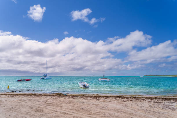 A small boat anchored in a calm turquoise lagoon, surrounded by a pristine white sandy beach and palm trees. The idyllic scene is captured at Ile aux Cerfs, Mauritius. Mauritius, Africa.