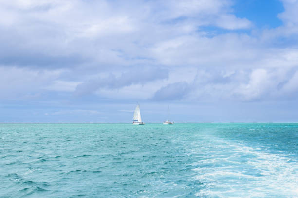 Two sailboats glide across the crystal-clear turquoise waters of Ile aux Cerfs, Mauritius. The gentle waves create a ripple effect behind the boats. Ile aux Cerfs, Mauritius, Indian Ocean.