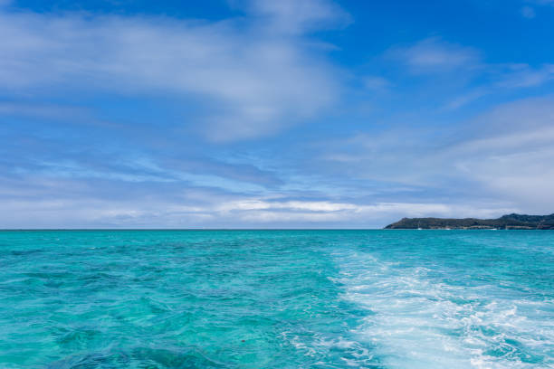 Sailboats glide across the crystal-clear turquoise waters of Ile aux Cerfs, Mauritius. The gentle waves create a ripple effect behind the boats. Ile aux Cerfs, Mauritius, Indian Ocean.