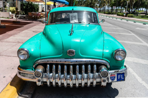 Miami Beach, Florida USA - June 5, 2024: blue 1950 Buick Roadmaster . Classic retro Buick Roadmaster at miami beach