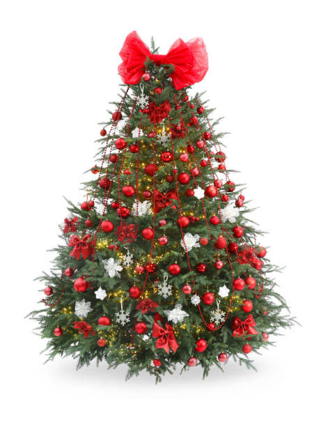 istock Beautiful Christmas tree decorated with ornaments, bow and garland isolated on white 2180133464