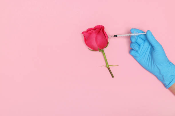 istock Doctor making injection to rose on pink background, top view. Space for text 2180133865