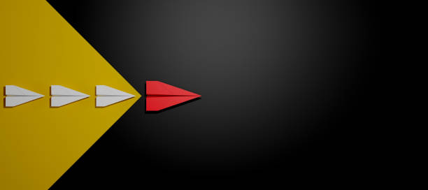 istock Leadership concept, Red leader plane leading white plane, on dark background. 2180149965