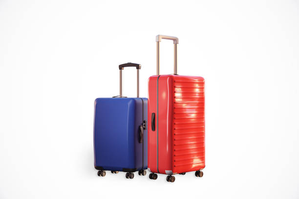Two travel suitcases, one blue and one red, placed side by side on a white background, symbolizing travel and vacation. Clean background. 3D Rendering.