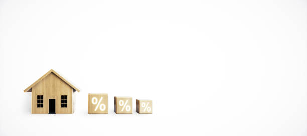 istock Wooden house model and percentage cubes on white background. 3D Rendering 2180150873