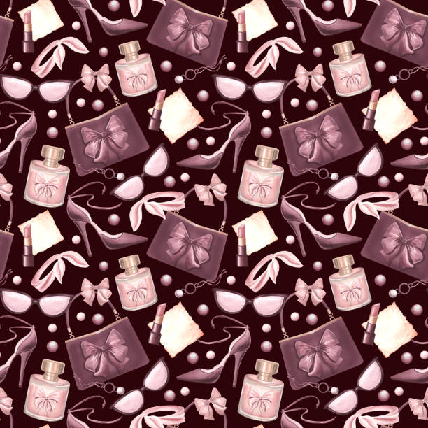 istock Women's items for fashionable look. Seamless pattern with perfume and handbag, sunglasses and lipstick. Hand drawn watercolor illustration. Fashion beauty concept Template for wallpaper wrapping, card 2180152261