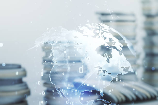 istock Multi exposure of abstract programming language hologram and world map on growing coins stacks background, artificial intelligence and neural networks concept 2180152873