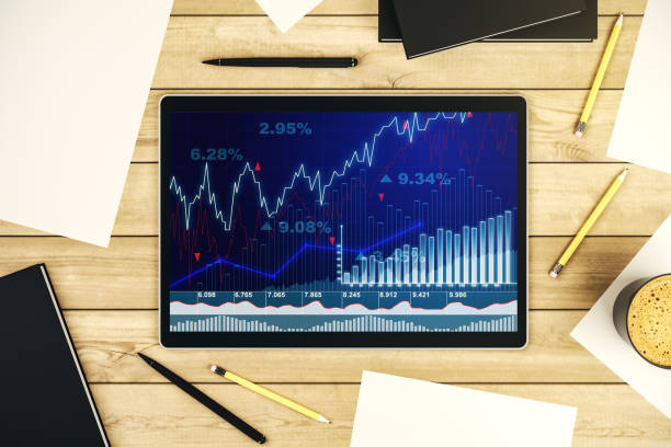 istock Modern digital tablet display with abstract financial graph, financial and trading concept. Top view. 3D Rendering 2180152953