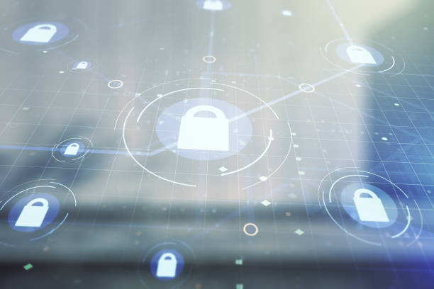 istock Virtual creative lock symbol and microcircuit illustration on blurry modern office building background. Protection and firewall concept. Multiexposure 2180152959