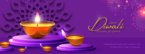 istock Purple greeting card design for Diwali or Diwali with the cupped glowing lamp over a dark background 2180154178