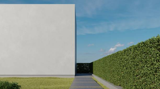 istock 3d rendering of modern building entrance with large white wall. Minimal architecture 2180167922