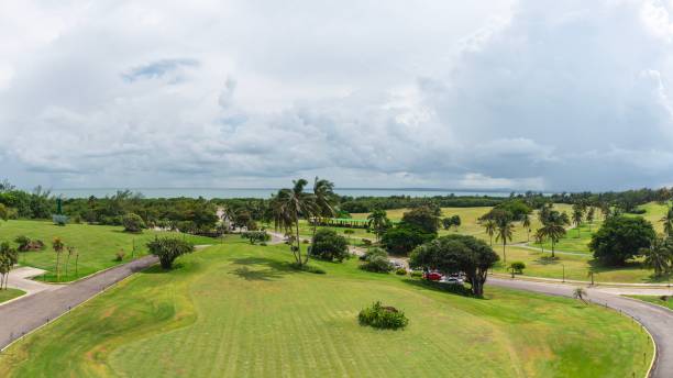 istock Panoramic view of a lush green golf course 2180177061