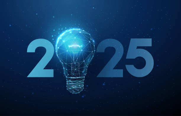 istock Abstract Happy 2025 New Year greeting card with light bulb. Low poly technology design. 2180179066