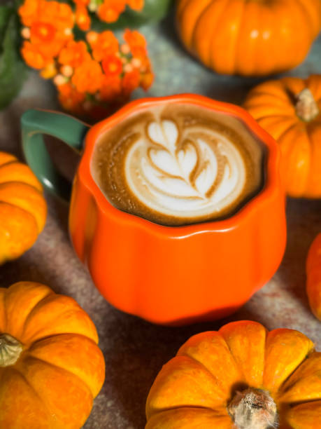 Full frame image of orange, pumpkin design coffee mug containing pumpkin spiced latte with milk froth art, flower and leaves design surrounded by munchkin pumpkins, orange ornamental gourds, potted Kalanchoe houseplant, elevated view
