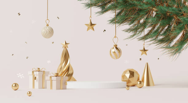 istock 3D render, Merry Christmas celebration background with display podium stage for product advertising decor with gift, tree and luxury elements. 2180180621
