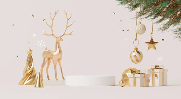 istock 3D render, Merry Christmas celebration background with empty stage product display decorate with ornament ball and tree. 2180180627