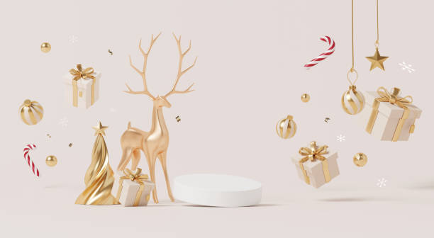 istock 3D render, Merry Christmas celebration with Podium display on beige background, Christmas elements with falling gift, ornament ball, reindeer and other. 2180180631