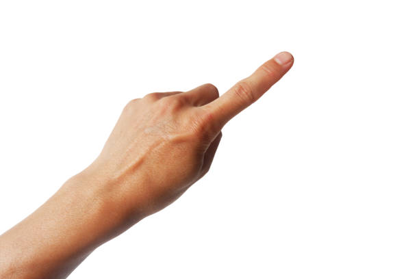 Asian man's hand showing his hand pointing upwards on a white background.