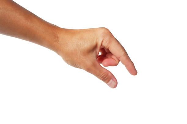 istock Asian man's hand reaching down to grab something using index finger and thumb on white background 2180182442