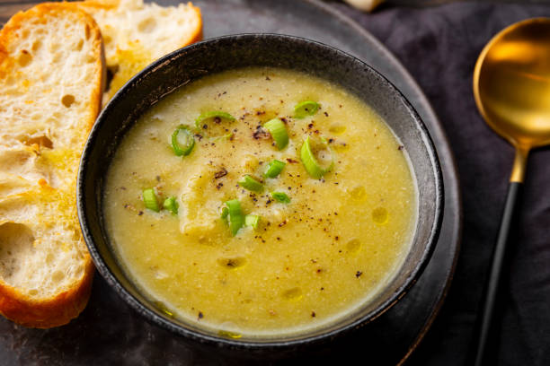 istock A cup of leek soup with toasted bread close up 2180182939