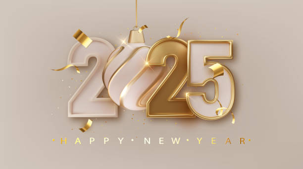 istock Happy new year 2025. Festive design with realistic golden number and Christmas decorations, balls, and streamer. 2180191249
