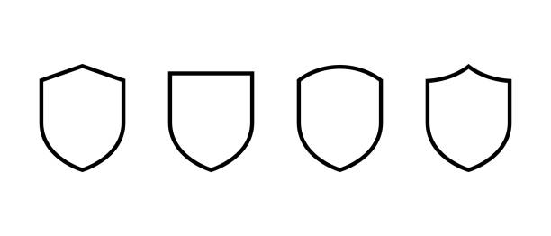 schildschutzsymbol im linienstil eingestellt. verteidigung, symbol für sicherheitszeichen - schützen stock-grafiken, -clipart, -cartoons und -symbole