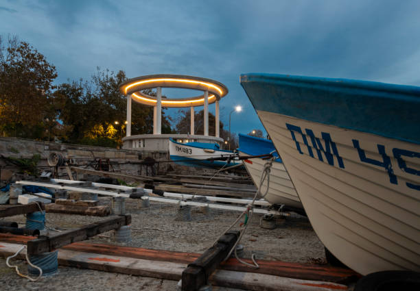 Illuminated gazebo in Pomorie town at sunset. Bulgaria, Eastern Europe.
