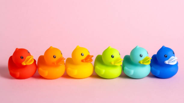 istock A row of multicolored rainbow rubber ducks on a pink background. 2180196620