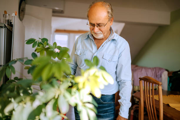 istock Senior man watering plant at home 2180199235