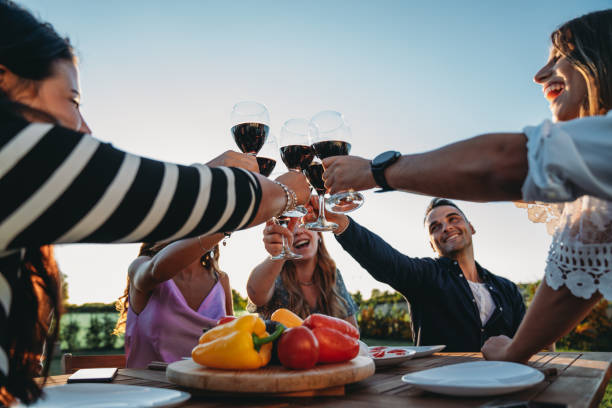 istock Friends are toasting together with red wine at sunset 2180204368