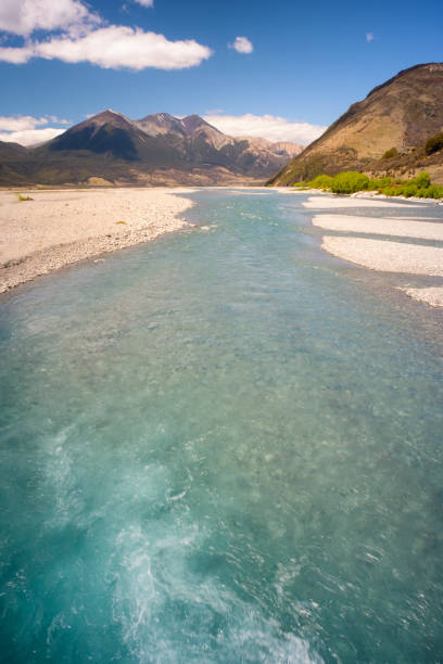 The wide riverbed of the Waimakariri River running through Arthur's Pass, on New Zealand's South Island.