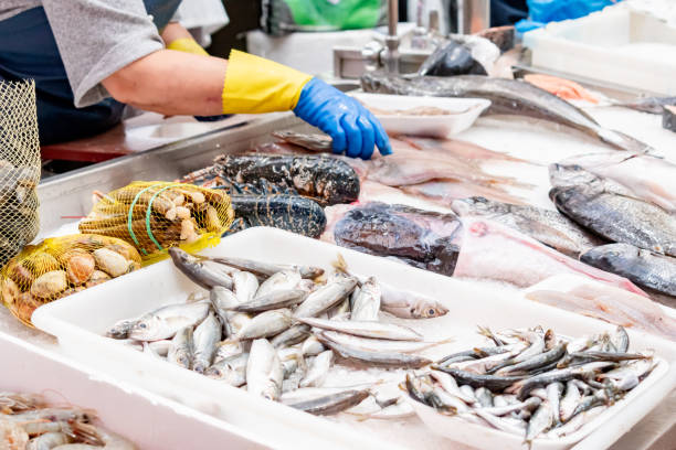 istock Assorted fresh fish at a market stall. Local fish market. 2180215493