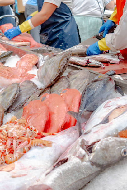 istock Assorted fresh fish at a market stall. Local fish market. 2180215585