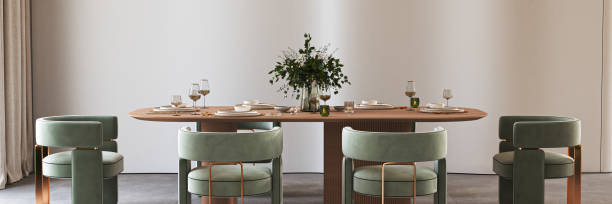 istock Elegant Dining Table Setup Featuring Green Chairs Complemented by a Beautiful Floral Centerpiece, 3d rendering 2180215588