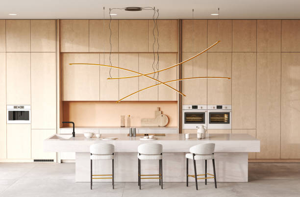 istock Explore the beauty of a Modern Minimalist Kitchen Design complemented by Unique Lighting Features, 3d rendering 2180217059
