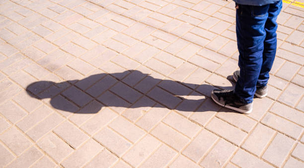 Person Standing on Brick Walkway Casting a Shadow. A person standing on a brick walkway, their shadow stretching out in front of them.