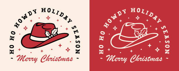 Merry Christmas country western howdy Holiday season wishes cowboy hat with holly illustration greeting card retro red aesthetic shirt design decor cut file Merry Christmas country western Wild West howdy Holiday season wishes cowboy hat with holly illustration greeting card. Retro vintage drawing red aesthetic badge shirt design printable decor cut file. disco themed party stock illustrations