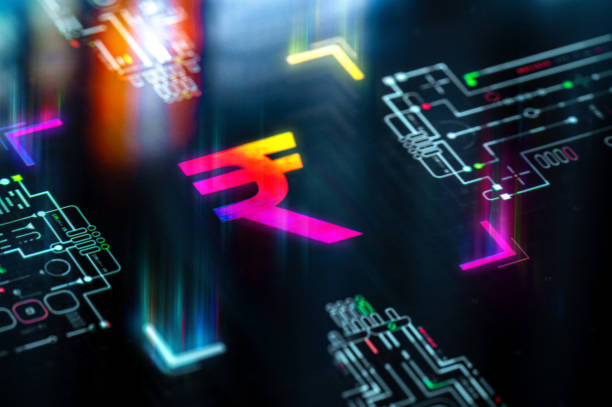 istock Rupee digital currency concept background. Rupee as a strongest currency for global payments and trading. Futuristic Indian Rupee icon in world of technological progress and innovation 2180225723