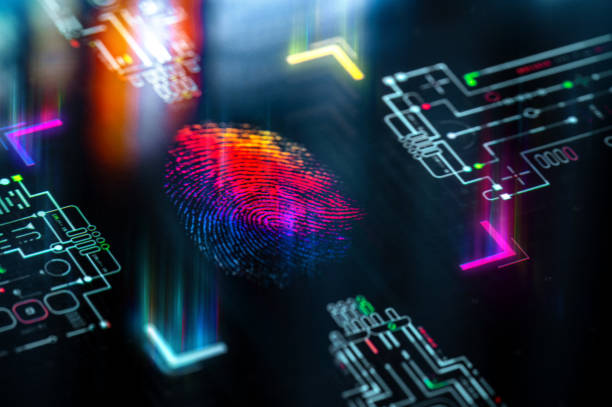 istock Digital authentication and fingerprint engine core. Digital privacy concept futuristic background. Touch ID evolution and productivity. Futuristic fingerprint icon in world of technological progress and innovation 2180225925