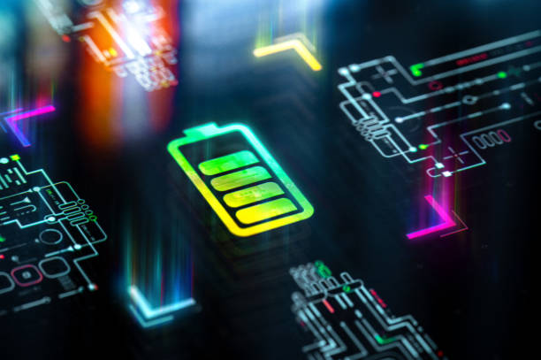 istock Power efficiency and charging core. Battery ultra fast charging and efficiency concept futuristic background. Futuristic battery icon in world of technological progress and innovation 2180226122