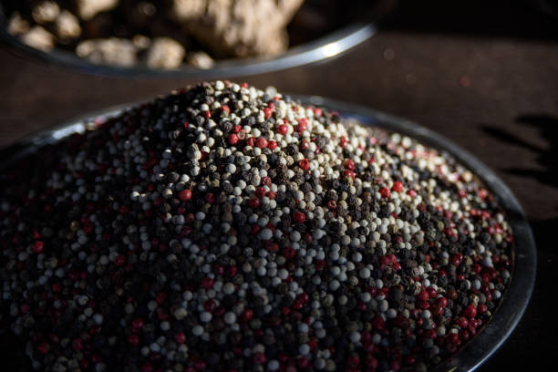 Large silver bowl filled with fresh, whole red, black and white peppercorns piled high and bathed in sunlight.